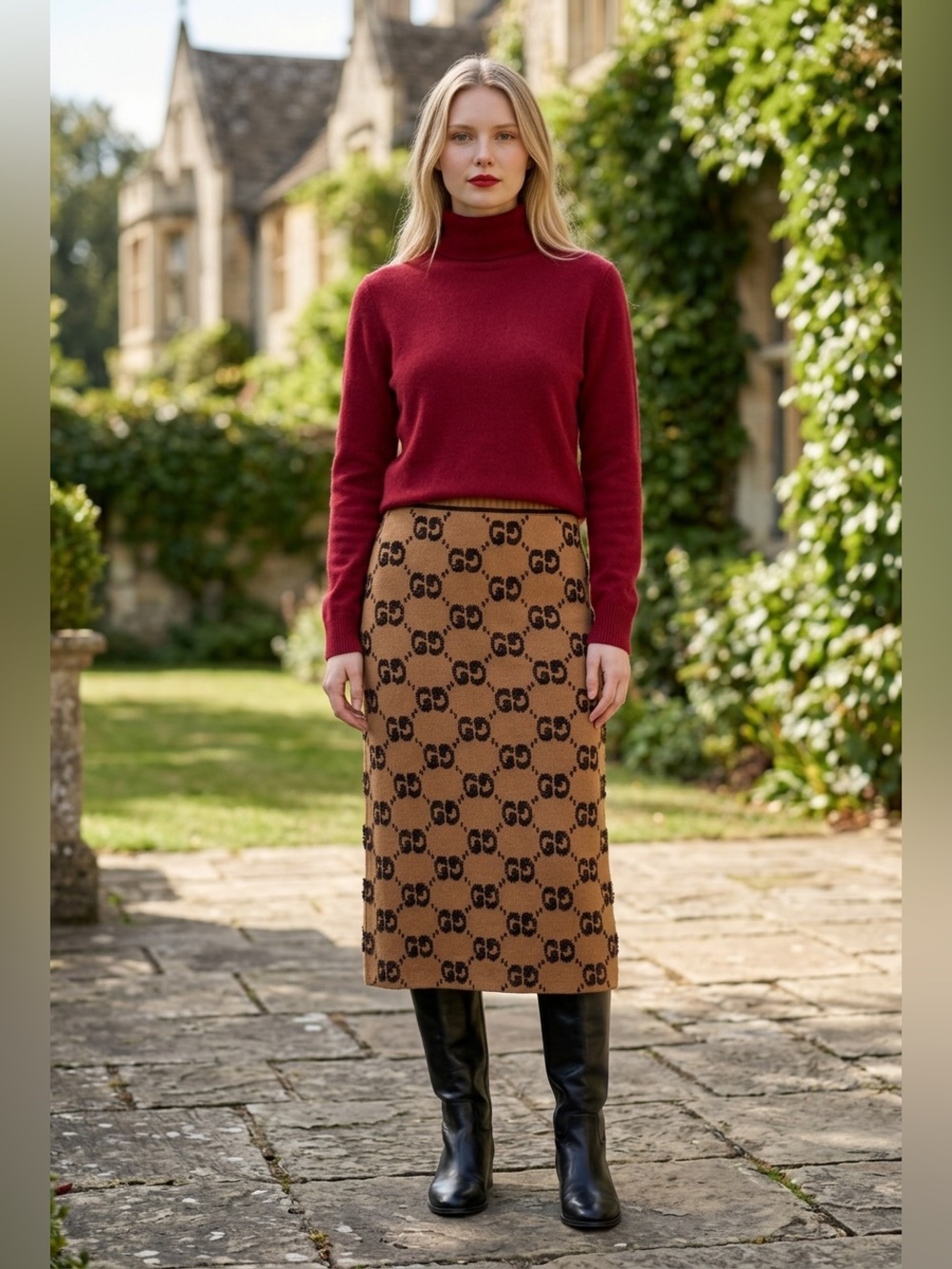 Gucci Brown GG Logo Knit Midi Skirt